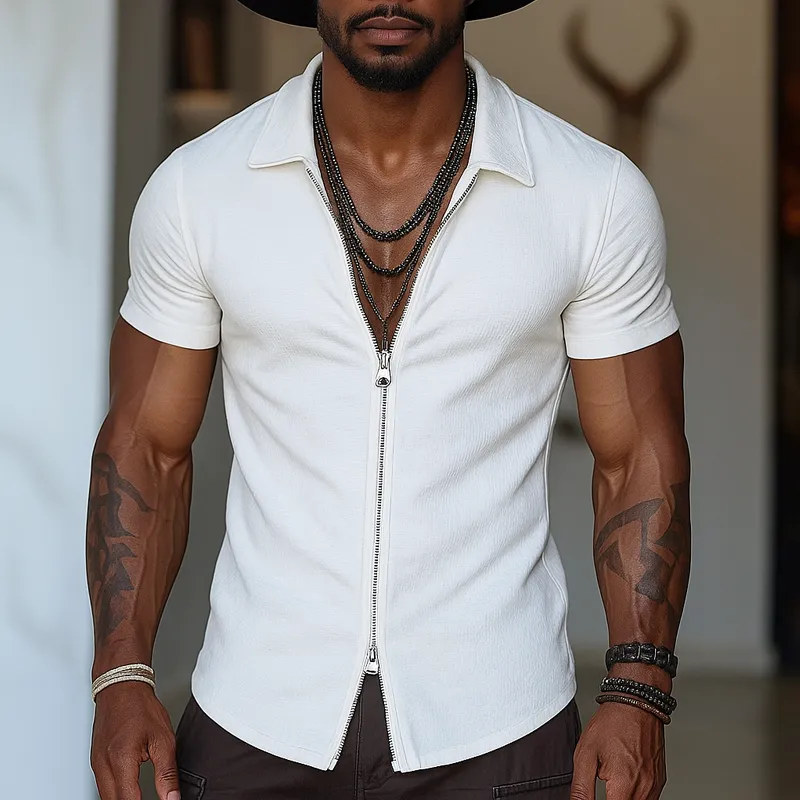 Men's Solid Zipper Lapel Short Sleeve Shirt MTA1984G1Z sold by Manly product image thumbnail 2