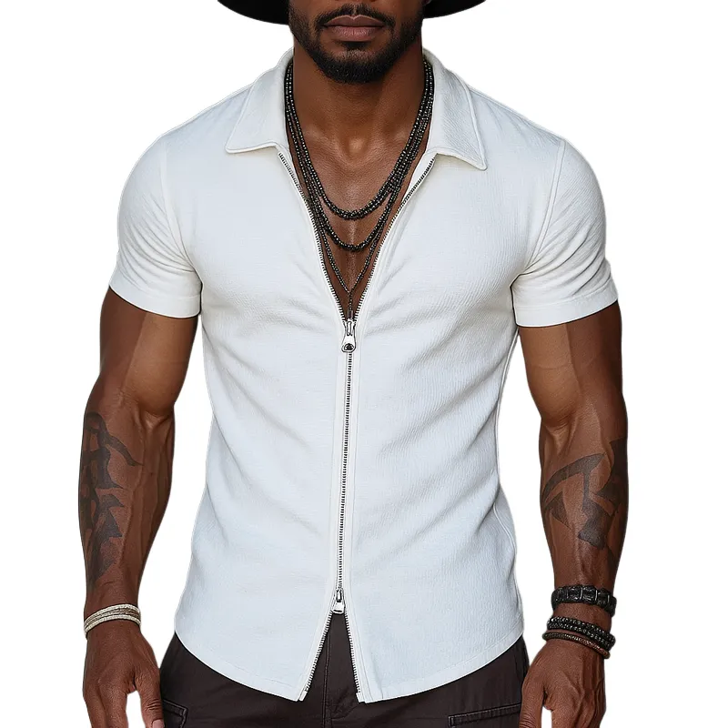 Men's Solid Zipper Lapel Short Sleeve Shirt MTA1984G1Z sold by Manly