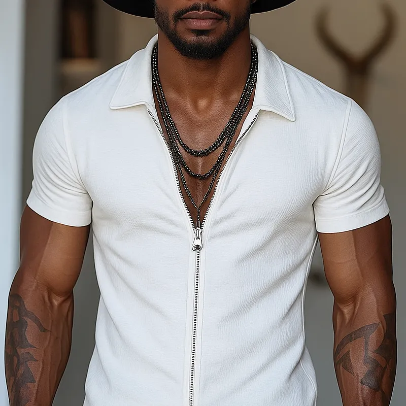 Men's Solid Zipper Lapel Short Sleeve Shirt MTA1984G1Z sold by Manly product image thumbnail 3