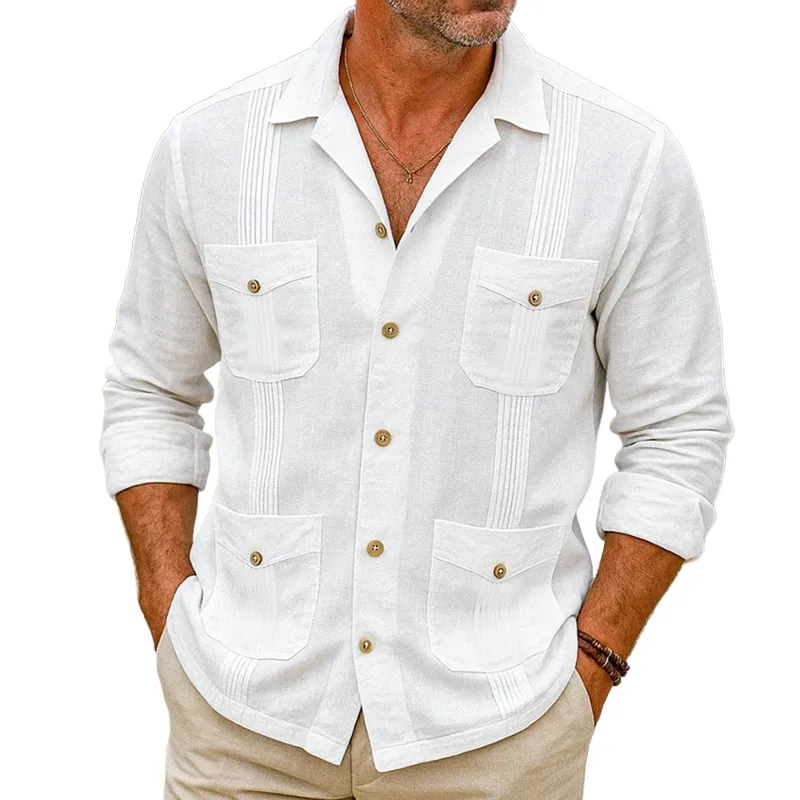 Men's Solid Lapel Multi-pocket Long Sleeve Shirt MTA1820G9Z sold by Manly