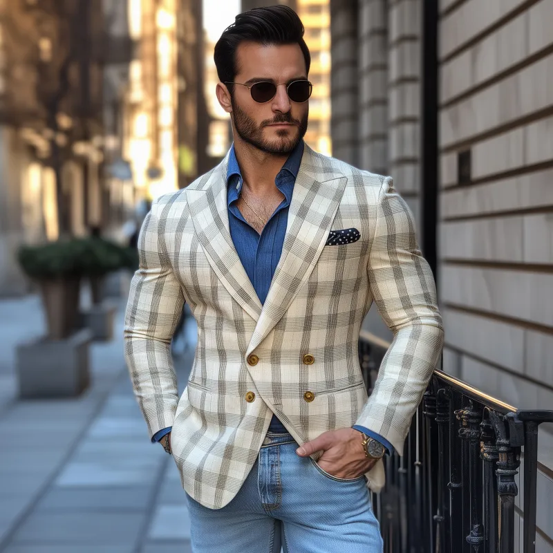 Men's Vintage Elegant Plaid Peaked Lapel Double Breasted Slim Fit Blazer MTA1981G0M sold by Manly product image thumbnail 3