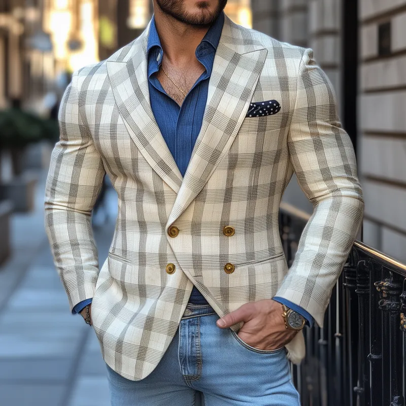 Men's Vintage Elegant Plaid Peaked Lapel Double Breasted Slim Fit Blazer MTA1981G0M sold by Manly product image thumbnail 2