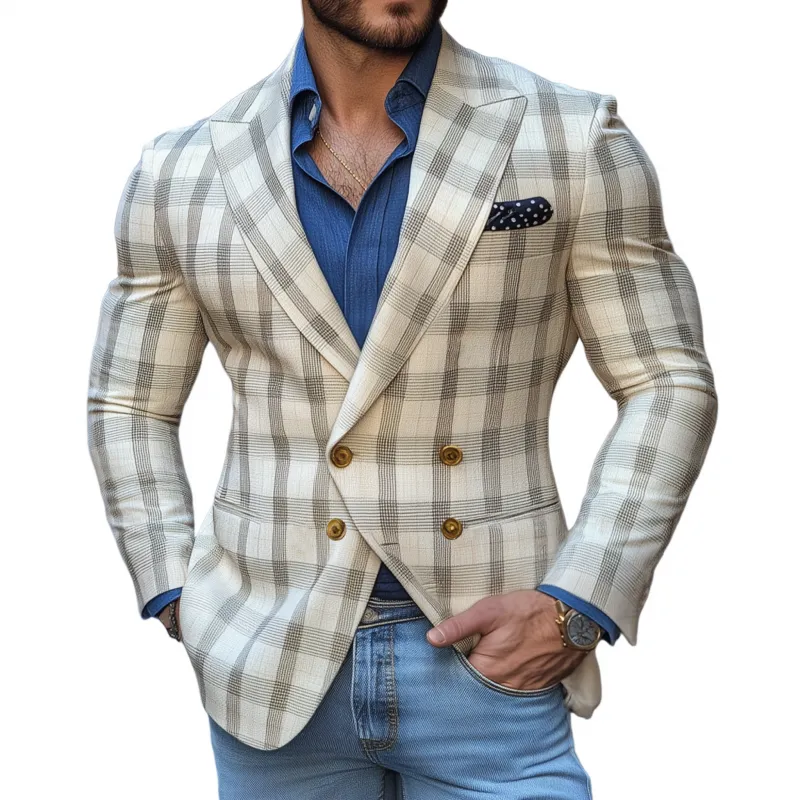 Men's Vintage Elegant Plaid Peaked Lapel Double Breasted Slim Fit Blazer MTA1981G0M sold by Manly