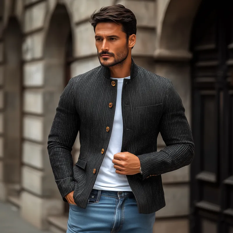 Men's Stylish Linen Striped Stand Collar Single Breasted Slim Short Blazer MTA1898G2M sold by Manly product image thumbnail 3