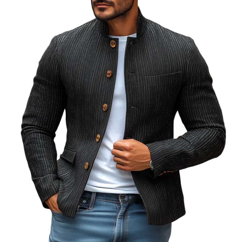 Men's Stylish Linen Striped Stand Collar Single Breasted Slim Short Blazer MTA1898G2M sold by Manly