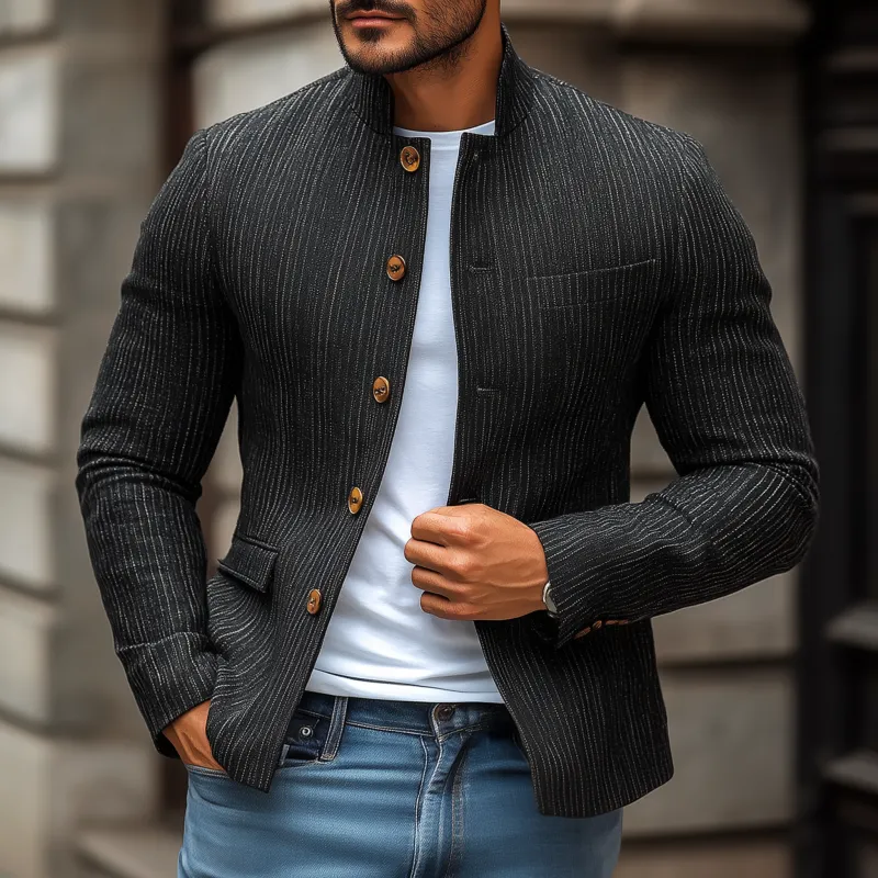Men's Stylish Linen Striped Stand Collar Single Breasted Slim Short Blazer MTA1898G2M sold by Manly product image thumbnail 2