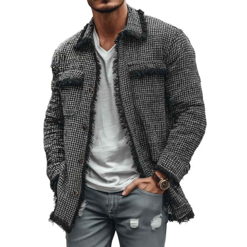 Men's Fashion Houndstooth Patchwork Tassel Edge Lapel Chest Pocket Single Breasted Mid-Length Jacket MTA1772G7M sold by Manly