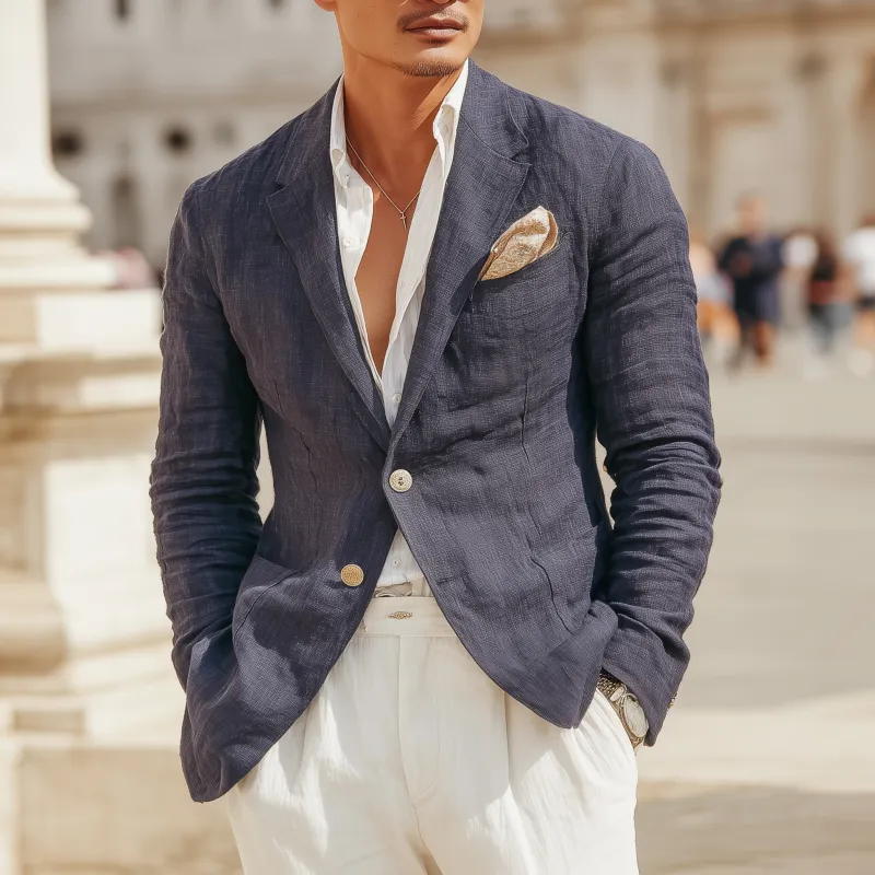 Men's Casual Solid Color Breathable Linen Notch Lapel Single-breasted Slim-fit Blazer MTA1748G7M sold by Manly product image thumbnail 2