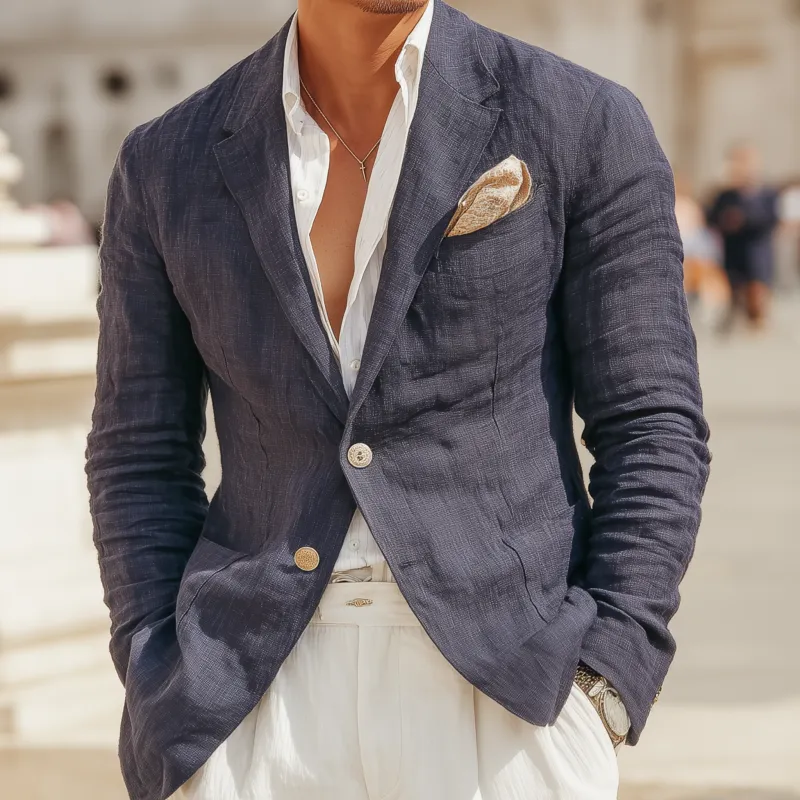 Men's Casual Solid Color Breathable Linen Notch Lapel Single-breasted Slim-fit Blazer MTA1748G7M sold by Manly product image thumbnail 3