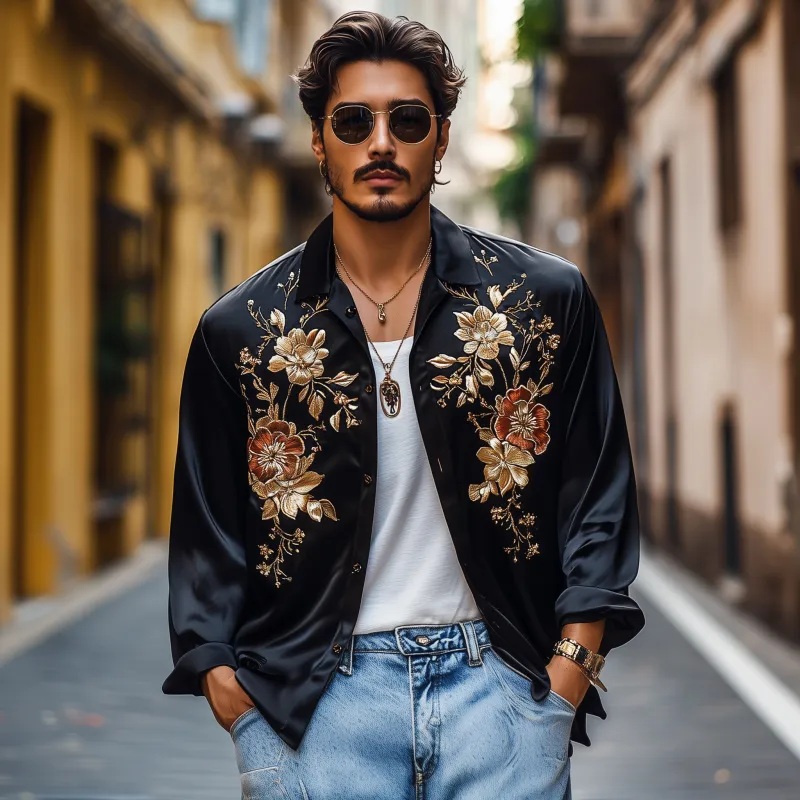 Men's Vintage Flower Embroidery Elegant Solid Satin Lapel Loose Long Sleeve Shirt MTA1976G3M sold by Manly product image thumbnail 3