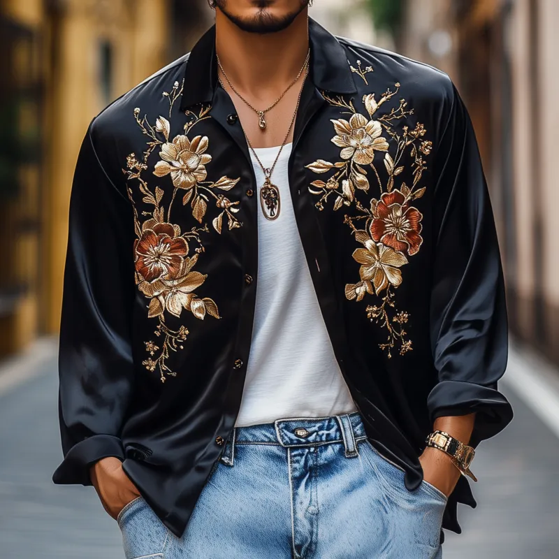 Men's Vintage Flower Embroidery Elegant Solid Satin Lapel Loose Long Sleeve Shirt MTA1976G3M sold by Manly product image thumbnail 2