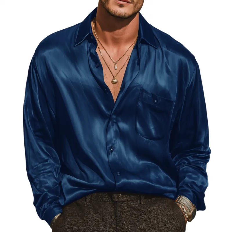 Men's Vintage Elegant Solid Color Satin Lapel Patch Pocket Loose Long Sleeve Shirt MTA1950G0M sold by Manly