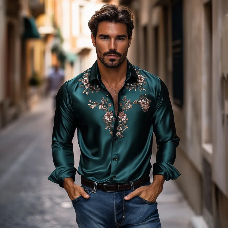 Men's Vintage Flower Embroidery Elegant Solid Satin Lapel Slim Fit Long Sleeve Shirt MTA1944G4M sold by Manly product image thumbnail 3