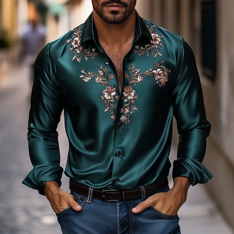 Men's Vintage Flower Embroidery Elegant Solid Satin Lapel Slim Fit Long Sleeve Shirt MTA1944G4M sold by Manly product image thumbnail 2