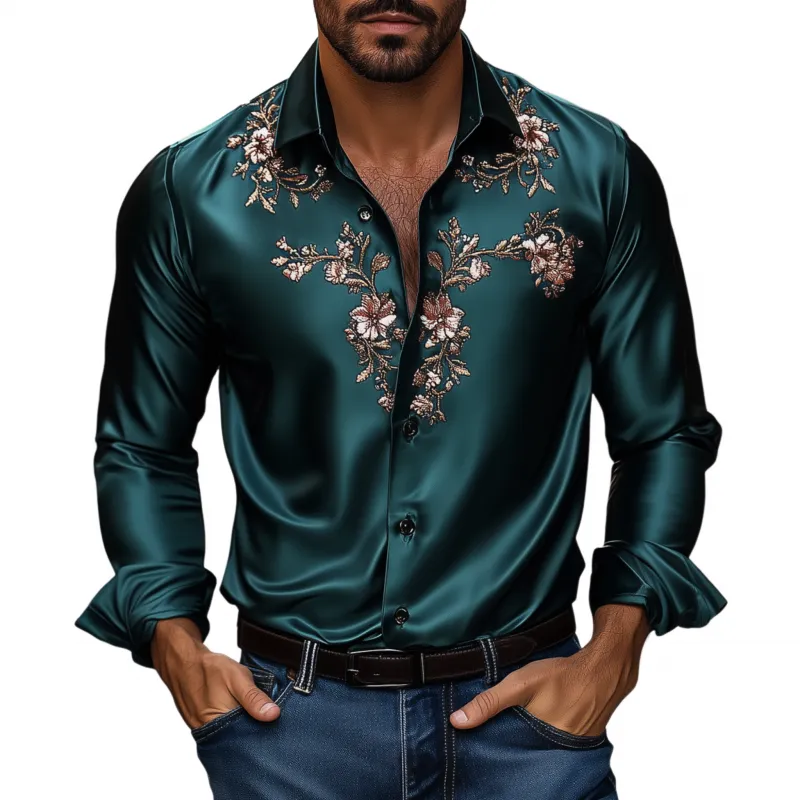 Men's Vintage Flower Embroidery Elegant Solid Satin Lapel Slim Fit Long Sleeve Shirt MTA1944G4M sold by Manly