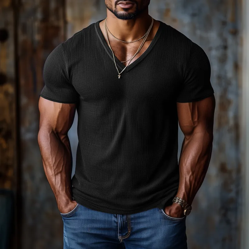 Men's Casual Sports Breathable Waffle V-neck Tight Short-sleeved T-shirt MTA1914G3M sold by Manly product image thumbnail 4