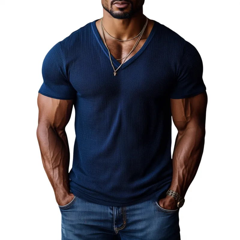 Men's Casual Sports Breathable Waffle V-neck Tight Short-sleeved T-shirt MTA1914G3M sold by Manly