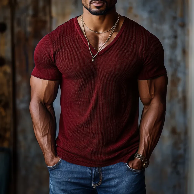 Men's Casual Sports Breathable Waffle V-neck Tight Short-sleeved T-shirt MTA1914G3M sold by Manly product image thumbnail 3