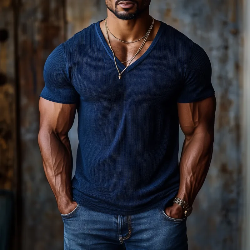 Men's Casual Sports Breathable Waffle V-neck Tight Short-sleeved T-shirt MTA1914G3M sold by Manly product image thumbnail 2