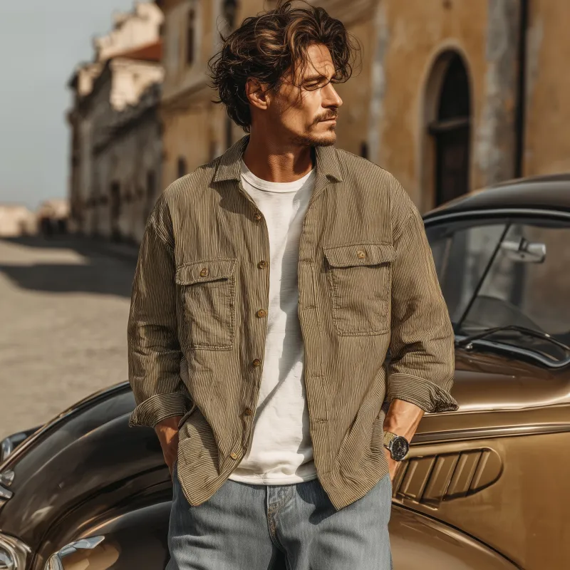 Men's Casual Breathable Cotton Striped Lapel Chest Pocket Loose Long Sleeve Shirt MTA1809G2M sold by Manly product image thumbnail 3