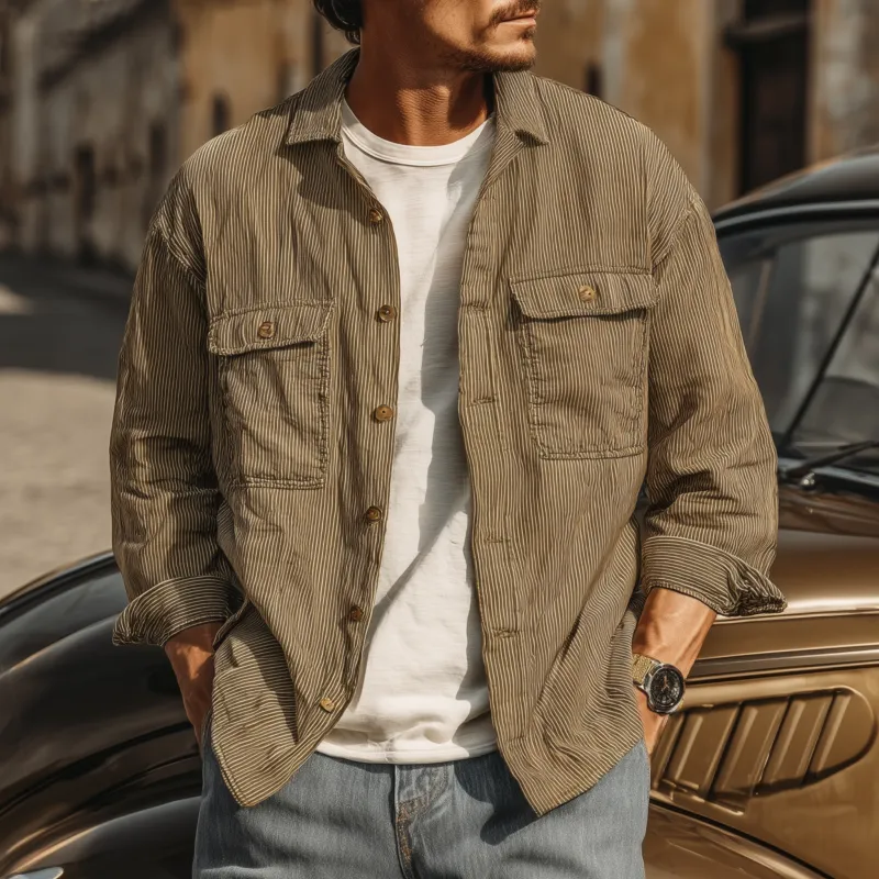 Men's Casual Breathable Cotton Striped Lapel Chest Pocket Loose Long Sleeve Shirt MTA1809G2M sold by Manly product image thumbnail 2