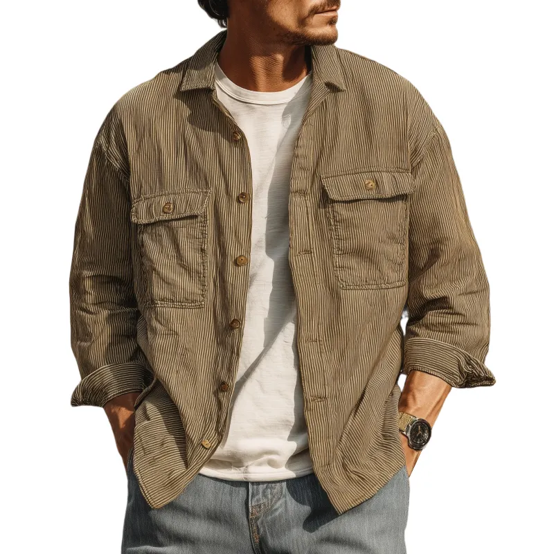 Men's Casual Breathable Cotton Striped Lapel Chest Pocket Loose Long Sleeve Shirt MTA1809G2M sold by Manly