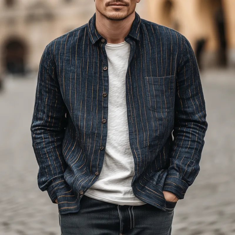 Men's Casual Breathable Linen Striped Lapel Patch Pocket Slim Fit Long Sleeve Shirt MTA1852G4M sold by Manly product image thumbnail 2