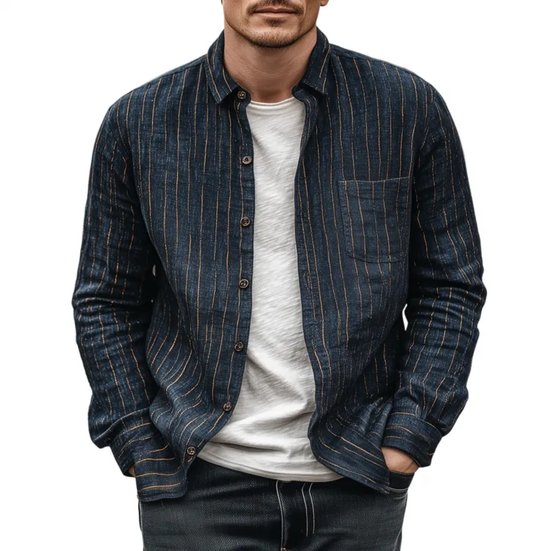 Men's Casual Breathable Linen Striped Lapel Patch Pocket Slim Fit Long Sleeve Shirt MTA1852G4M sold by Manly