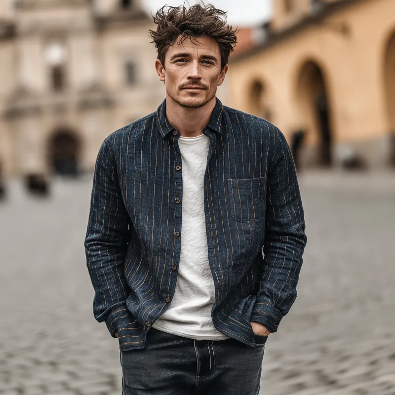 Men's Casual Breathable Linen Striped Lapel Patch Pocket Slim Fit Long Sleeve Shirt MTA1852G4M sold by Manly product image thumbnail 3