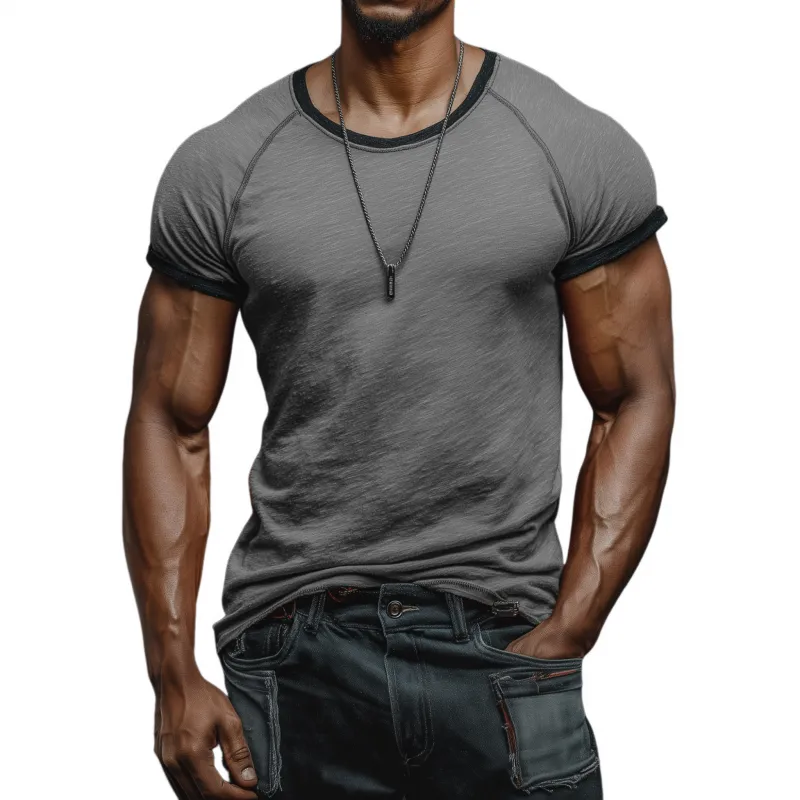 Men's Casual Breathable Skin-friendly Cotton Colorblock Round Neck Slim Short-sleeved T-shirt MTA1794G1M sold by Manly