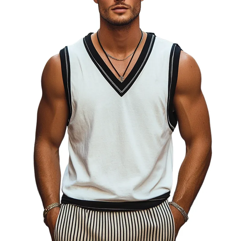 Men's Contrast Color V-Neck Cotton Blend Tank Top MTA1817G9X sold by Manly