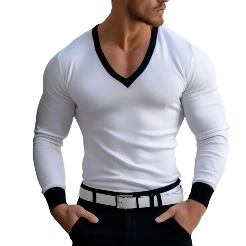 Men's Contrast Color V-neck Long-sleeved T-shirt MTA1608G2X sold by Manly