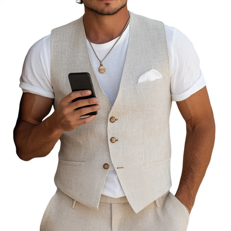 Men's Casual Breathable Linen V-neck Single-breasted Slim-fit Suit Vest MTA2147G9M sold by Manly product image thumbnail 2