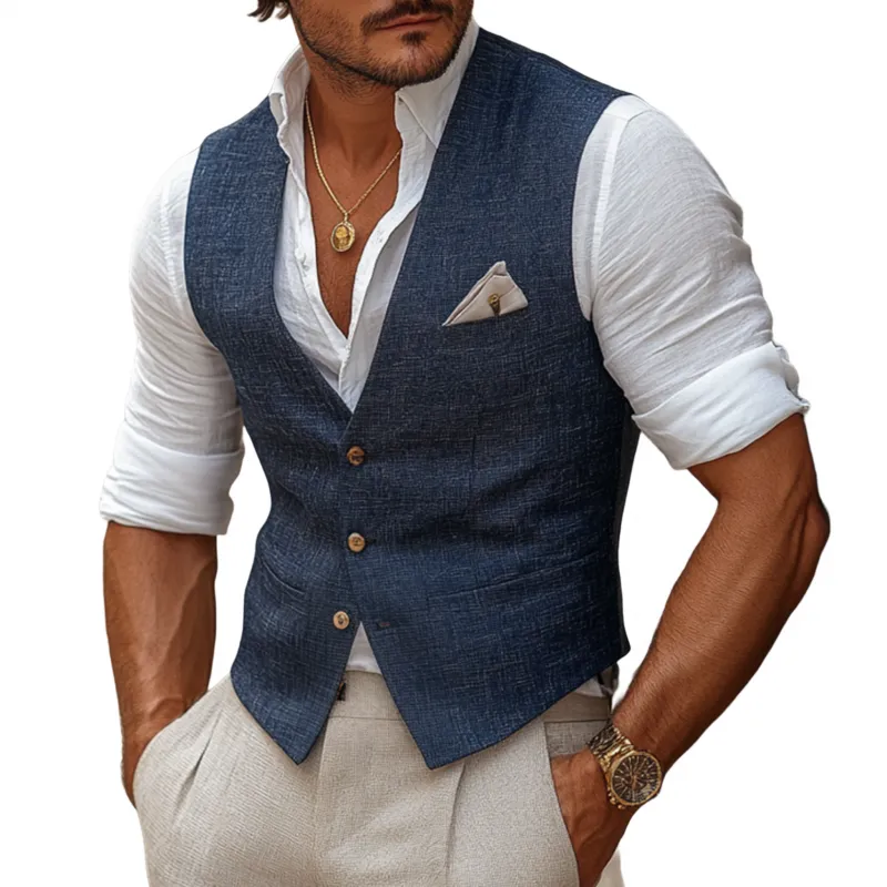 Men's Casual Breathable Linen V-neck Single-breasted Slim-fit Suit Vest MTA2147G9M sold by Manly