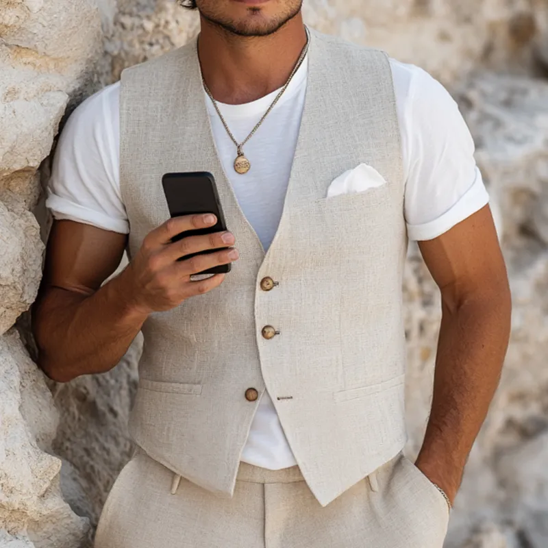 Men's Casual Breathable Linen V-neck Single-breasted Slim-fit Suit Vest MTA2147G9M sold by Manly product image thumbnail 5