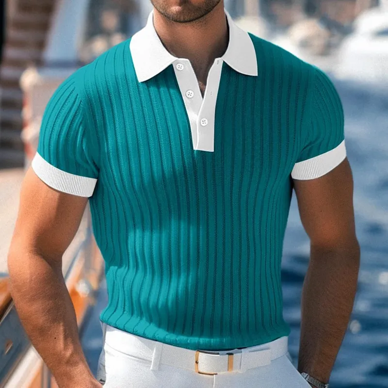 Men's Casual Breathable Contrast Color Lapel Slim Fit Knitted Short-sleeved Polo Shirt MTA2148G1M sold by Manly product image thumbnail 2