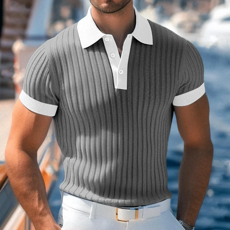 Men's Casual Breathable Contrast Color Lapel Slim Fit Knitted Short-sleeved Polo Shirt MTA2148G1M sold by Manly product image thumbnail 4