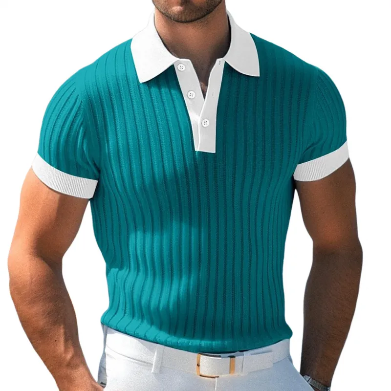 Men's Casual Breathable Contrast Color Lapel Slim Fit Knitted Short-sleeved Polo Shirt MTA2148G1M sold by Manly