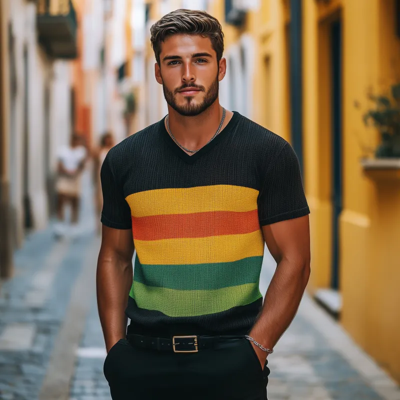 Men's Casual Colorful Striped Breathable V-neck Loose Knitted Short-sleeved T-shirt Sweater MTA2184G8M sold by Manly product image thumbnail 3