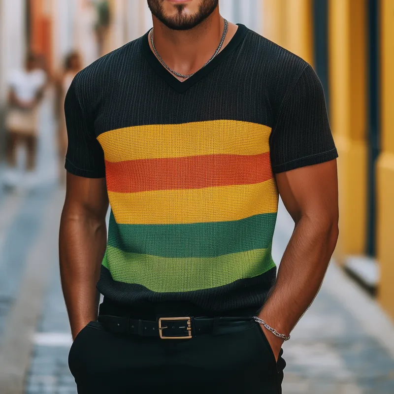 Men's Casual Colorful Striped Breathable V-neck Loose Knitted Short-sleeved T-shirt Sweater MTA2184G8M sold by Manly product image thumbnail 2