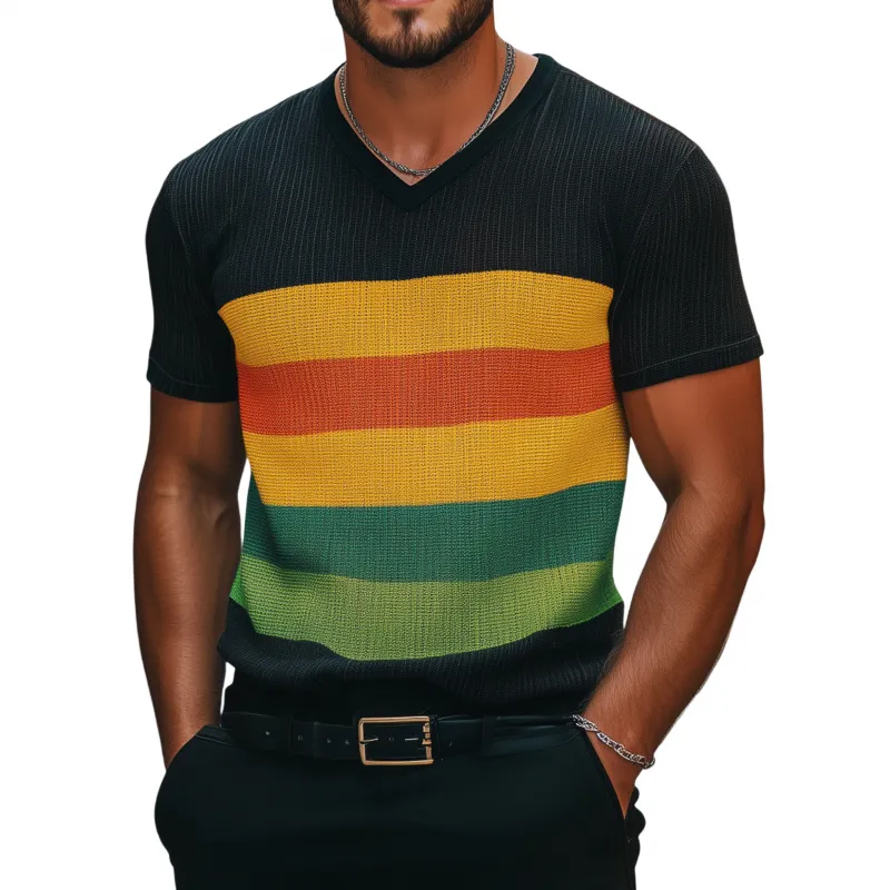 Men's Casual Colorful Striped Breathable V-neck Loose Knitted Short-sleeved T-shirt Sweater MTA2184G8M sold by Manly