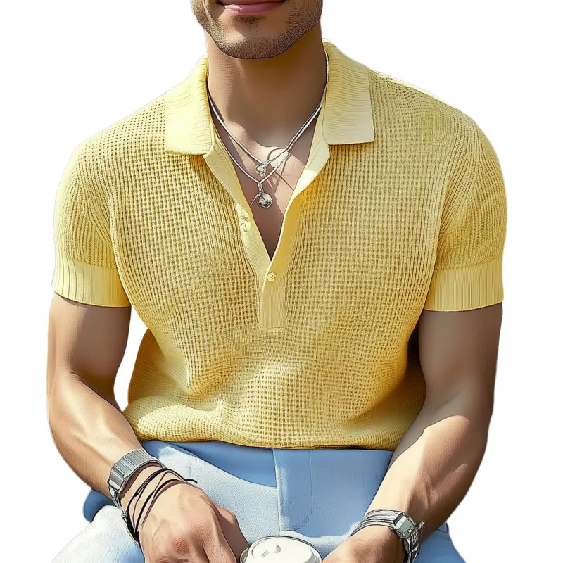 Men's Casual Solid Color Breathable Lapel Loose Knitted Short-sleeved Polo Shirt MTA2125G6M sold by Manly