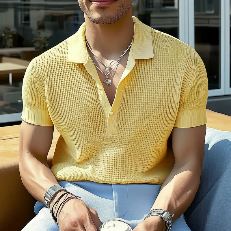 Men's Casual Solid Color Breathable Lapel Loose Knitted Short-sleeved Polo Shirt MTA2125G6M sold by Manly product image thumbnail 3