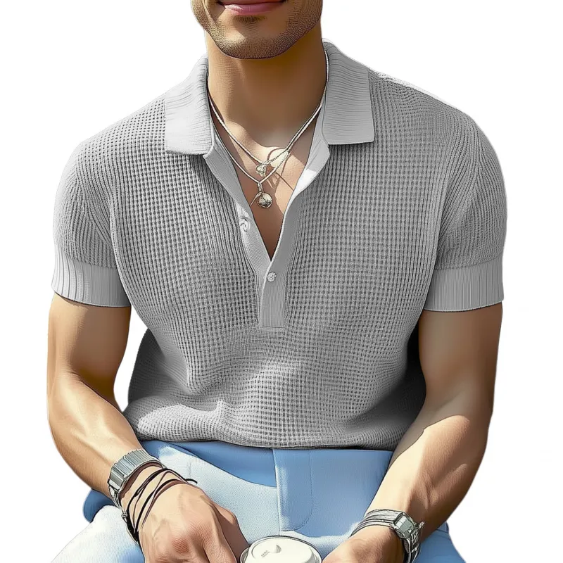 Men's Casual Solid Color Breathable Lapel Loose Knitted Short-sleeved Polo Shirt MTA2125G6M sold by Manly product image thumbnail 2