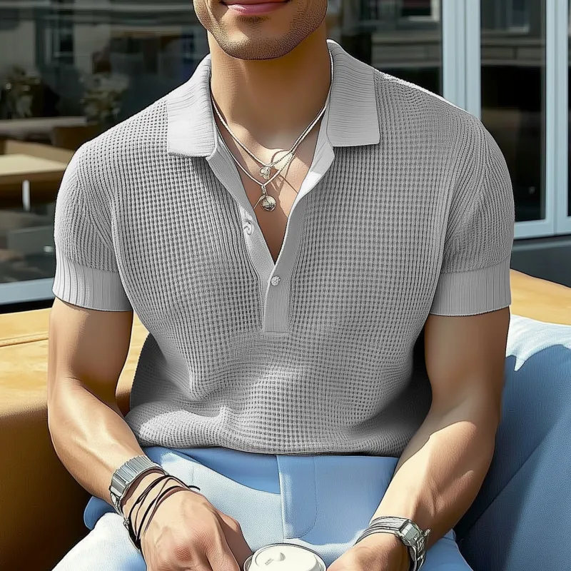 Men's Casual Solid Color Breathable Lapel Loose Knitted Short-sleeved Polo Shirt MTA2125G6M sold by Manly product image thumbnail 4