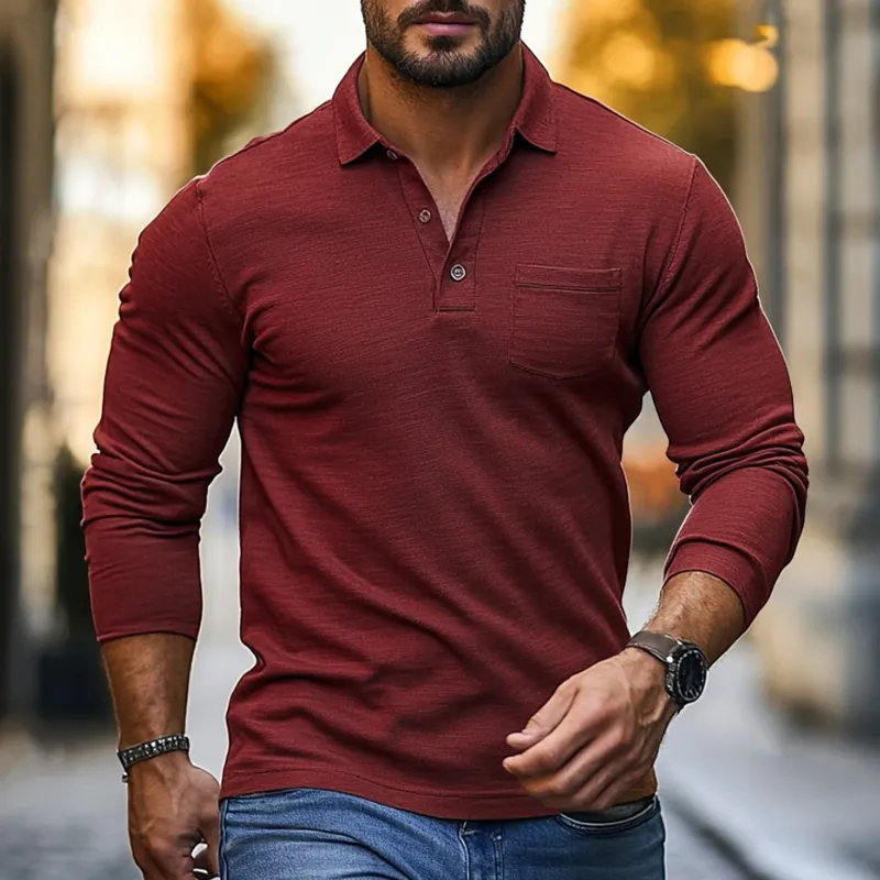 Men's Casual Breathable Skin-friendly Solid Color Cotton Lapel Slim Fit Long Sleeve T-shirt MTA2145G9M sold by Manly product image thumbnail 2