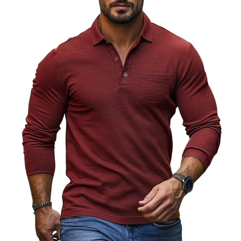 Men's Casual Breathable Skin-friendly Solid Color Cotton Lapel Slim Fit Long Sleeve T-shirt MTA2145G9M sold by Manly