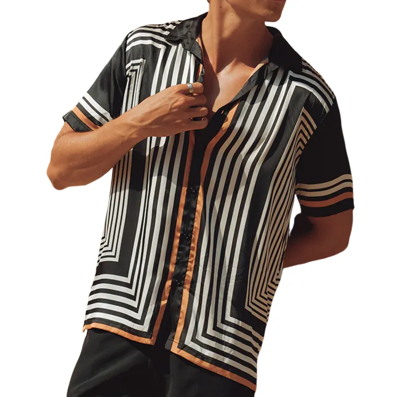 Men's Retro Casual Contrast Stripe Printed Satin Short Sleeve Shirt MTA2177G6K sold by Manly