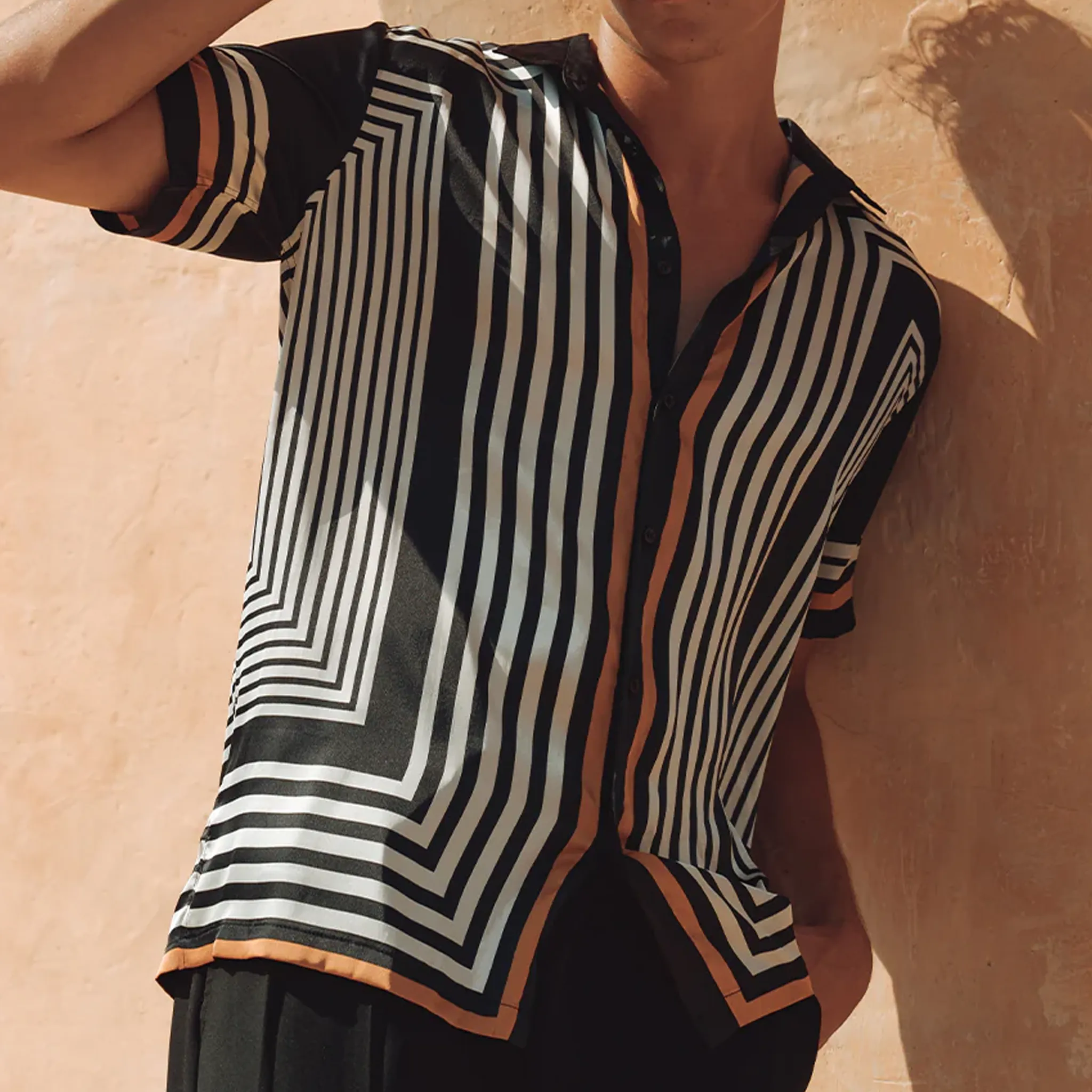 Men's Retro Casual Contrast Stripe Printed Satin Short Sleeve Shirt MTA2177G6K sold by Manly product image thumbnail 3