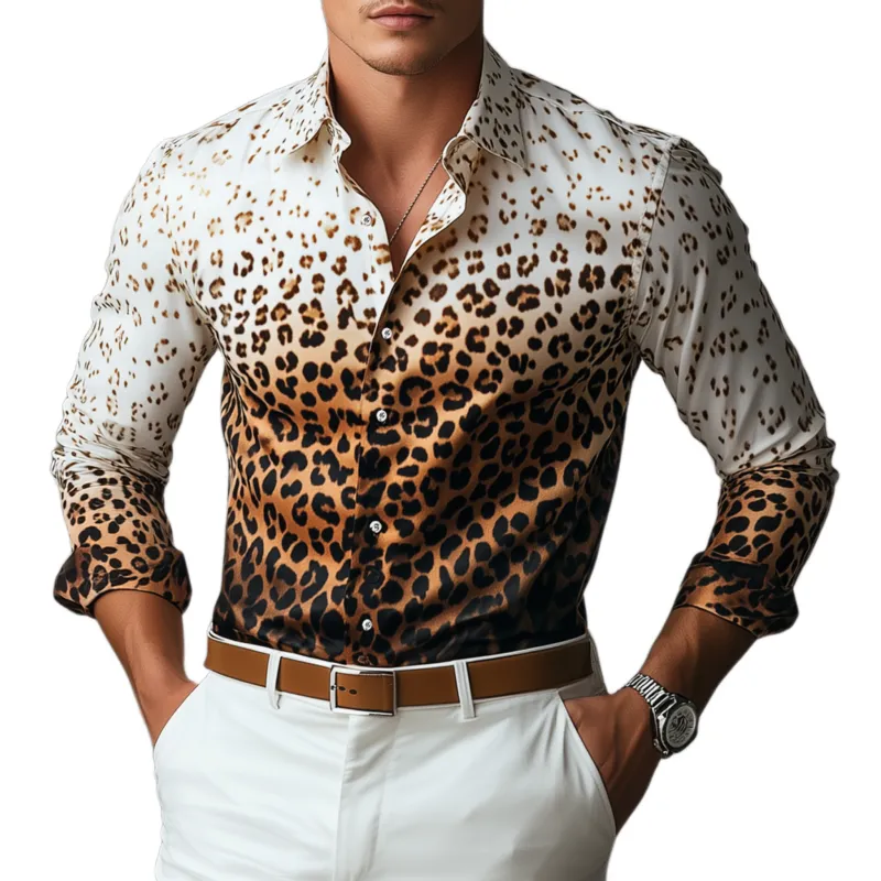 Men's Fashion Casual Satin Leopard Gradient Print Slim Fit Long Sleeve Shirt MTA2187G0K sold by Manly